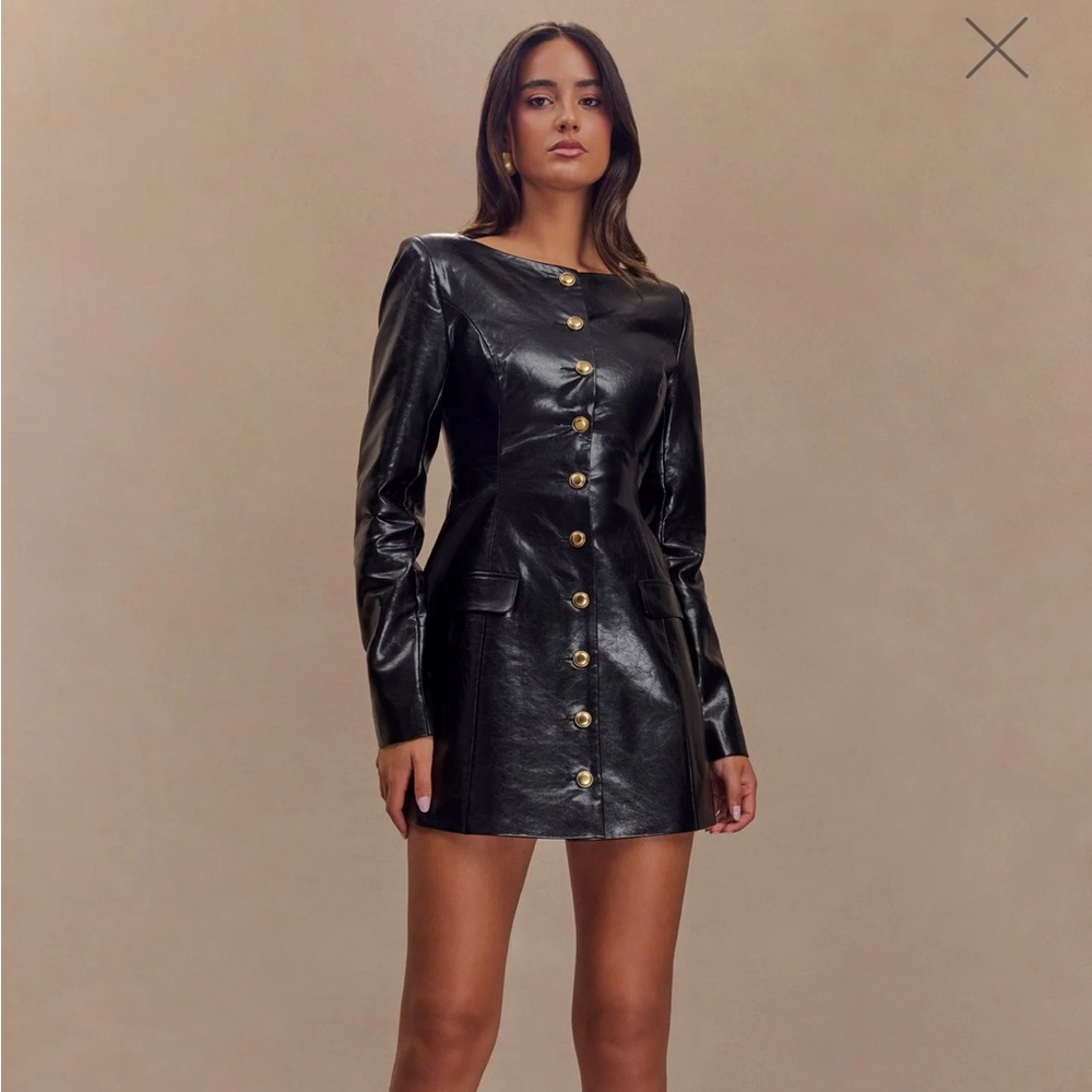 Black Faux Leather Long Sleeved Dress with Gold Buttons
